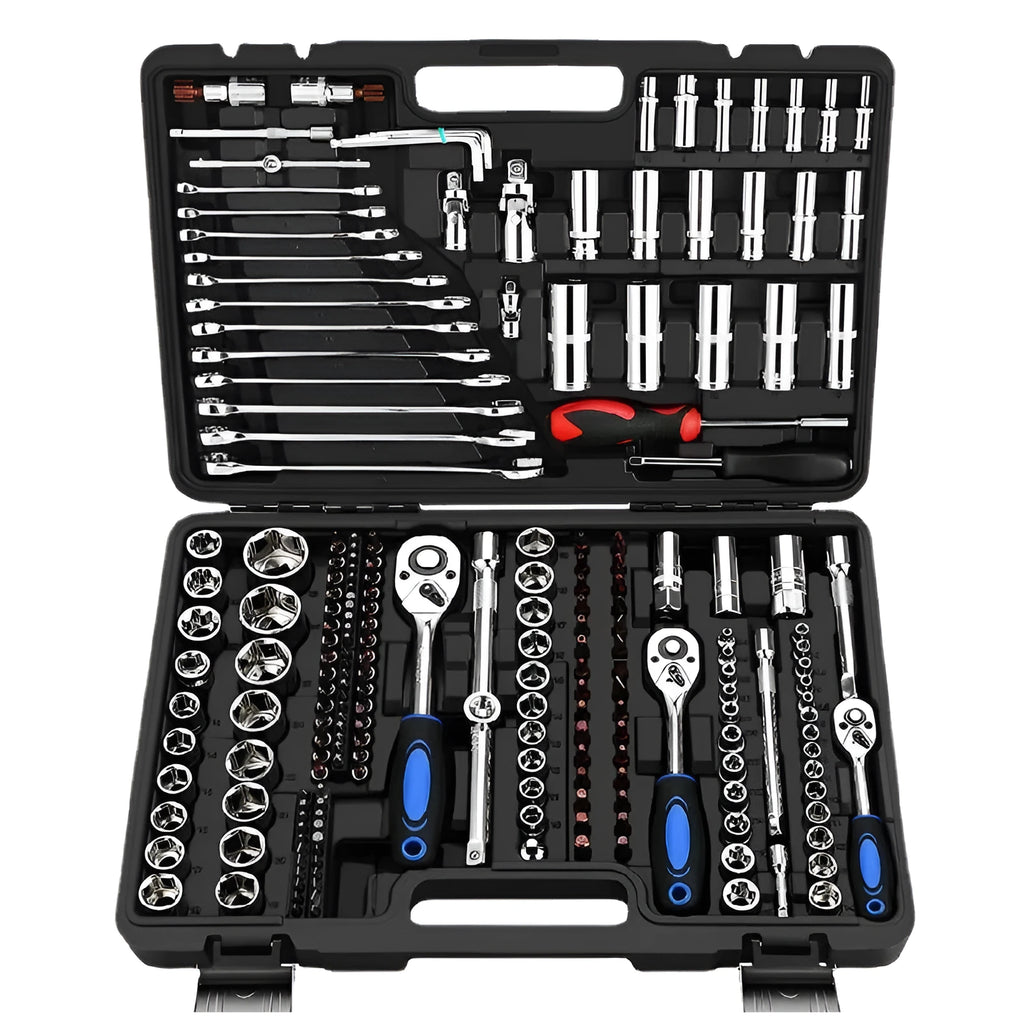 Cr-V steel socket ratchet wrench set with multiple piece count options on a workbench.