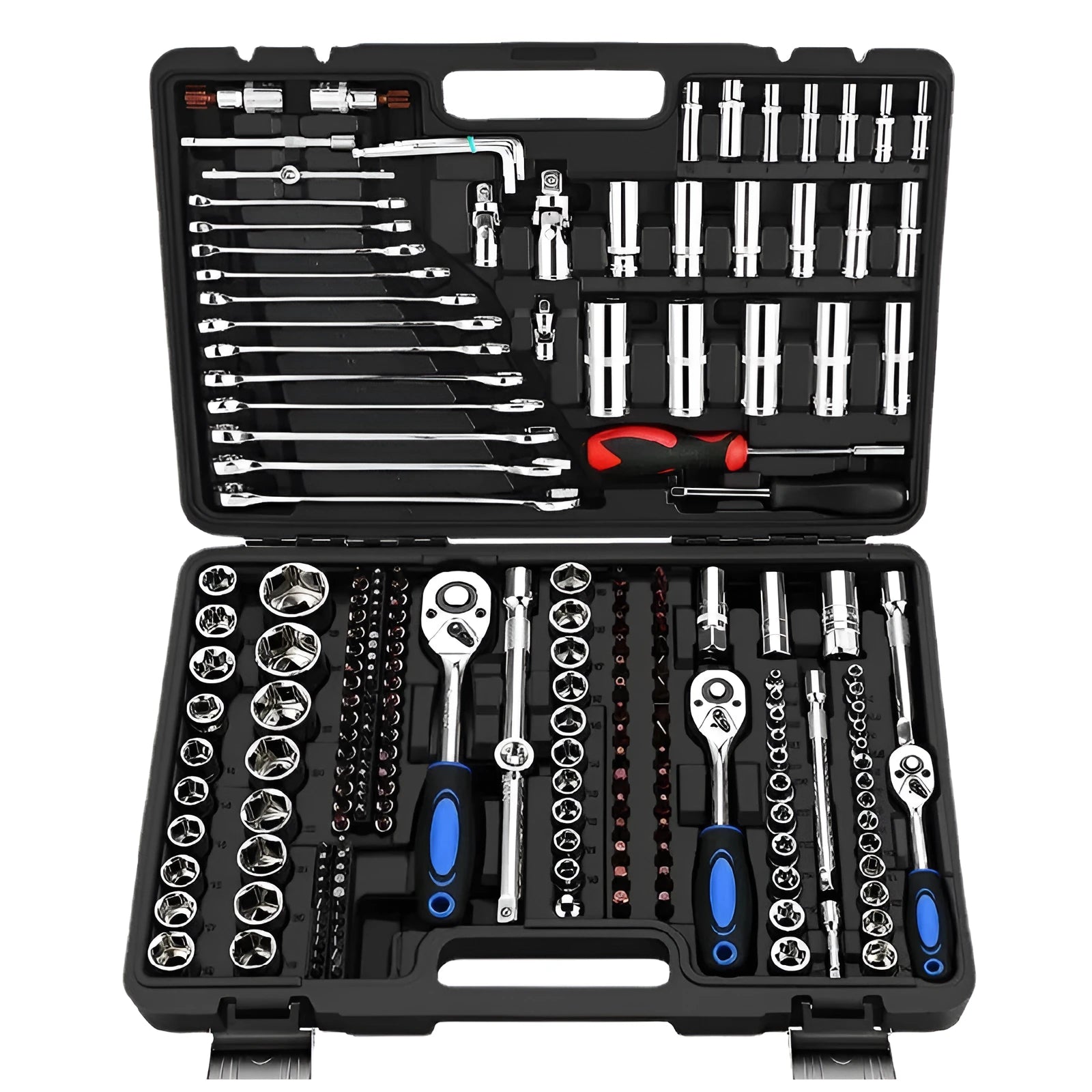 Cr-V steel socket ratchet wrench set with multiple piece count options on a workbench.