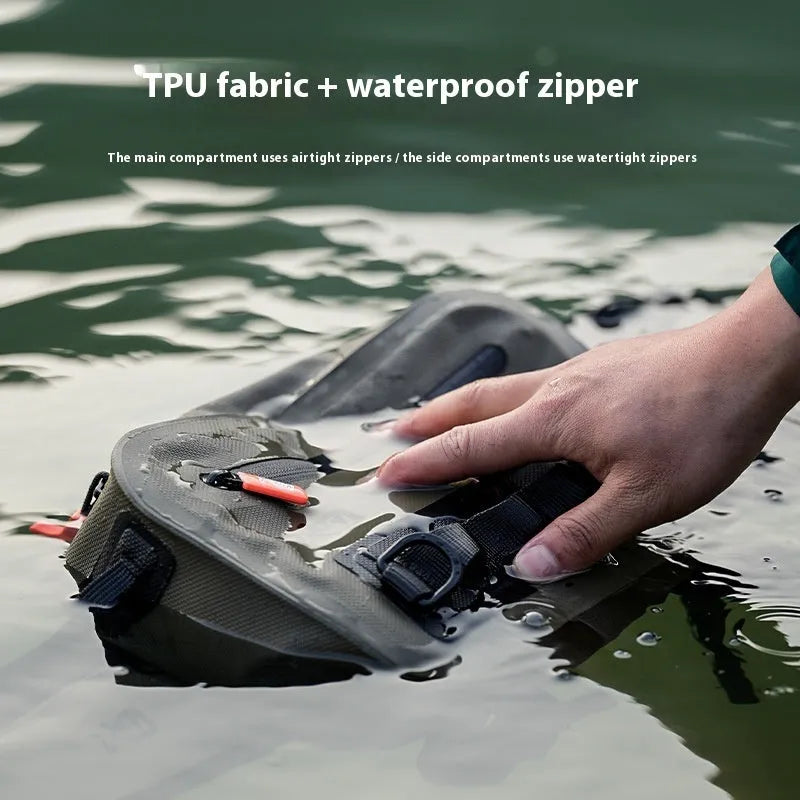 Pool Blade waterproof lure outdoor fishing bag in TPU fabric rucksack style, side view on natural background