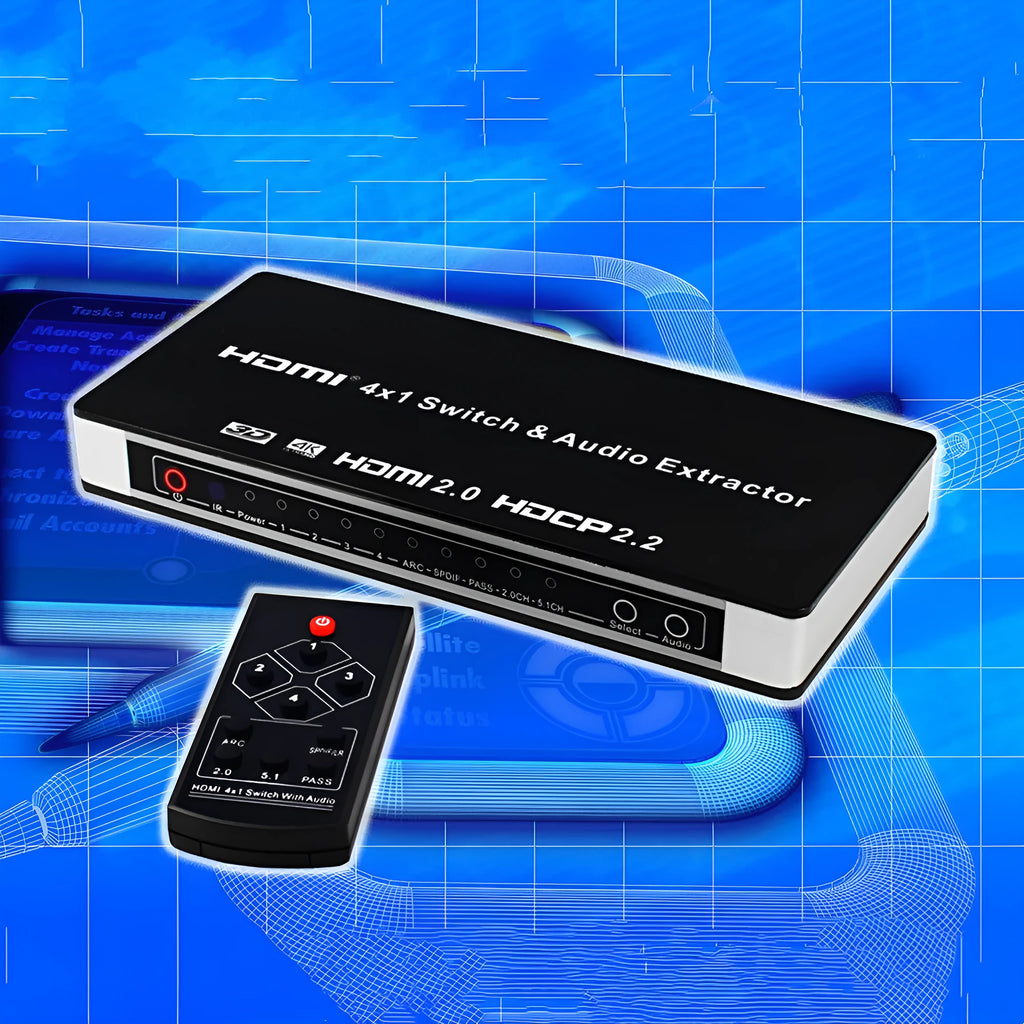 Black 4x1 HDMI switch with remote control for 4K video switching and audio extraction