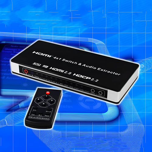 Black 4x1 HDMI switch with remote control for 4K video switching and audio extraction