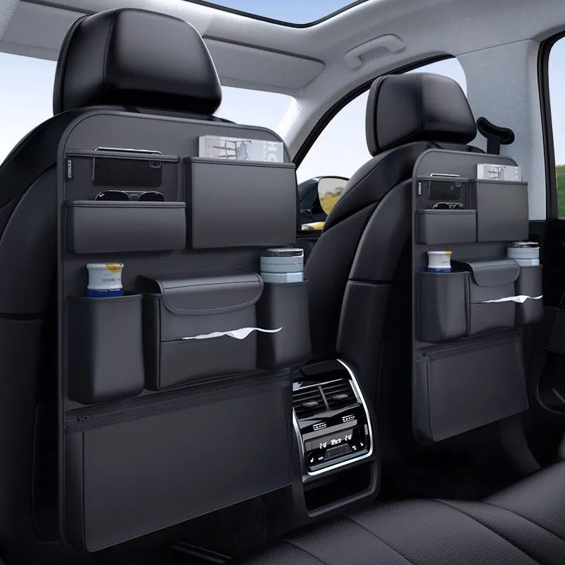 Black leather car seat back hanging storage bag with handle for vehicle organisation