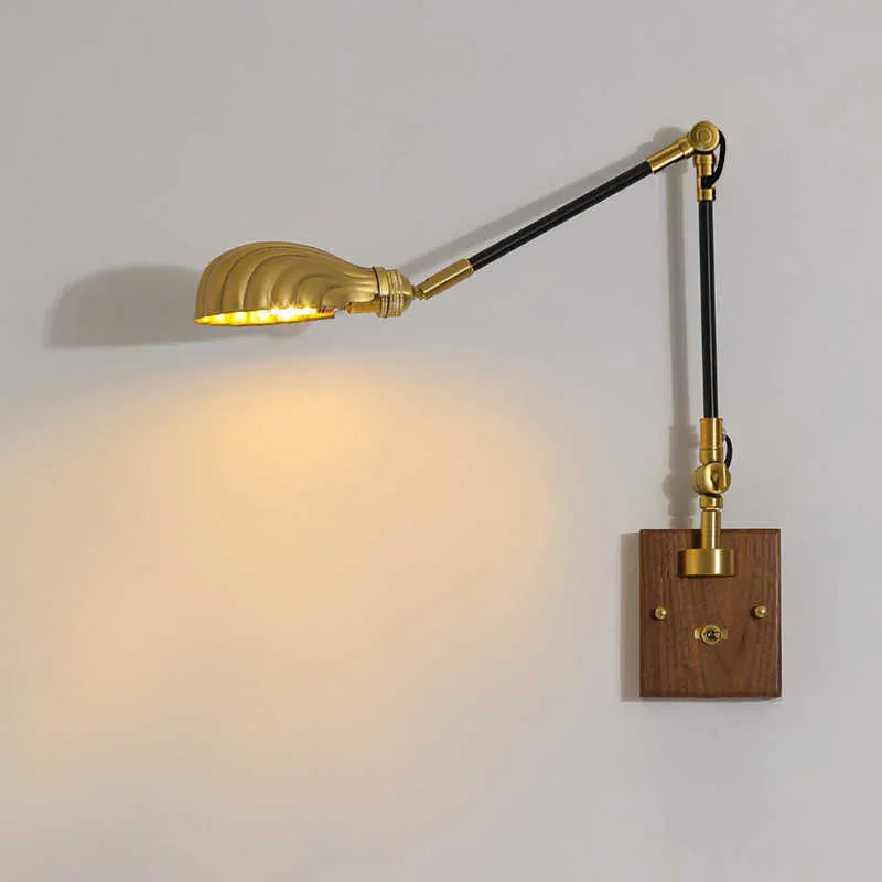 Retro copper rocker arm wall lamp for bedside or creative wall lighting