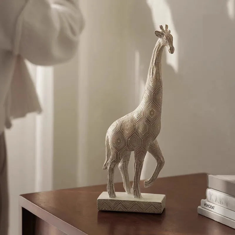 Wood colour synthetic resin giraffe ornament on a shelf, measuring 30.5 cm tall.