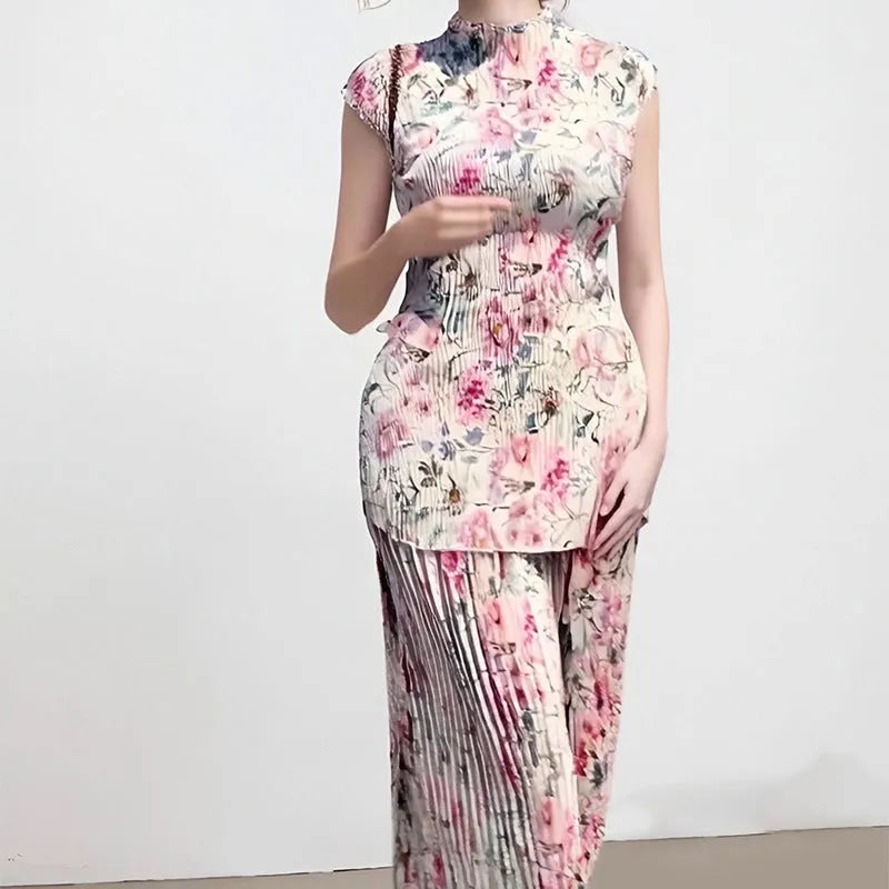 Long sleeve floral print chiffon dress and skirt set on a hanger.