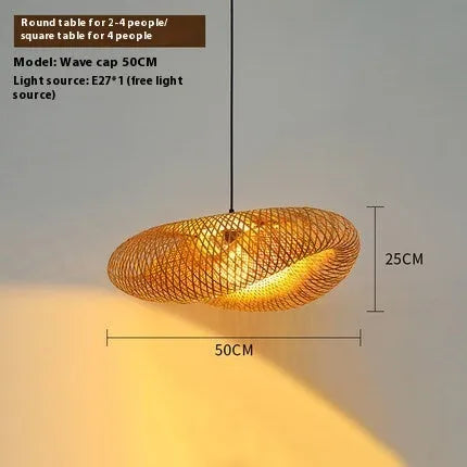 Woven bamboo straw hat-shaped hanging chandelier lamp showing natural texture and circular form
