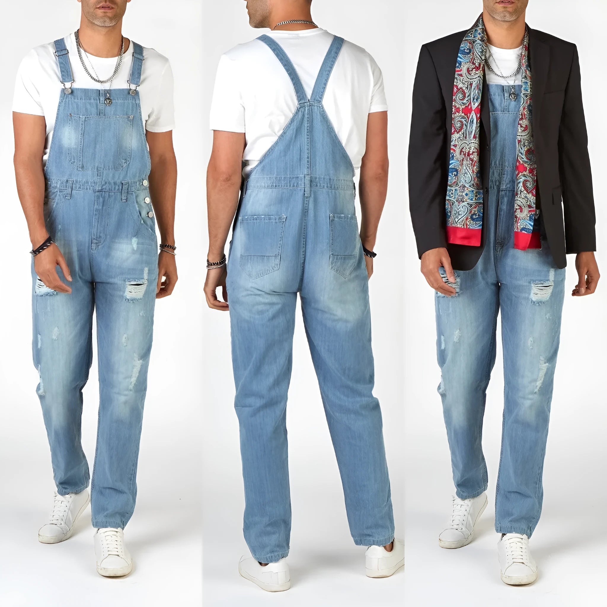 Men's light blue ripped suspender jeans high waist straight leg retro denim trousers button fly