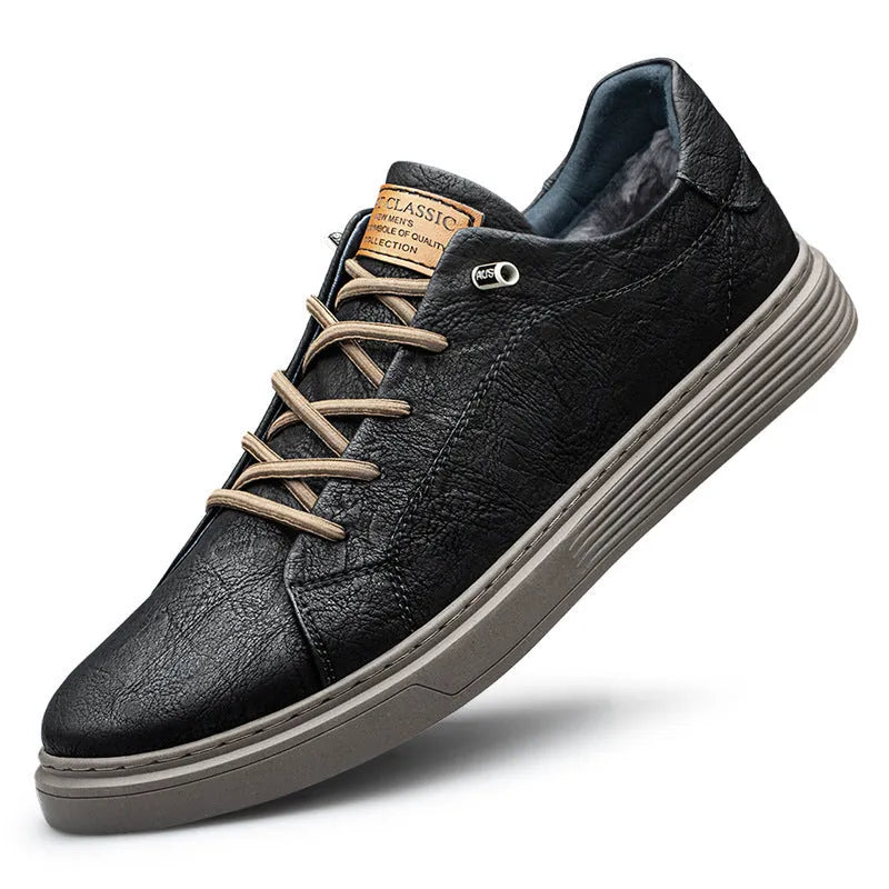 Two-layer cowhide casual sneakers low-top men's shoes round toe front lace-up solid colour khaki