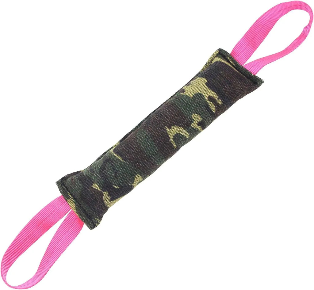 Beige and pink jute dog tug toy with two handles, measuring 30cm long.