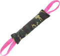 Beige and pink jute dog tug toy with two handles, measuring 30cm long.