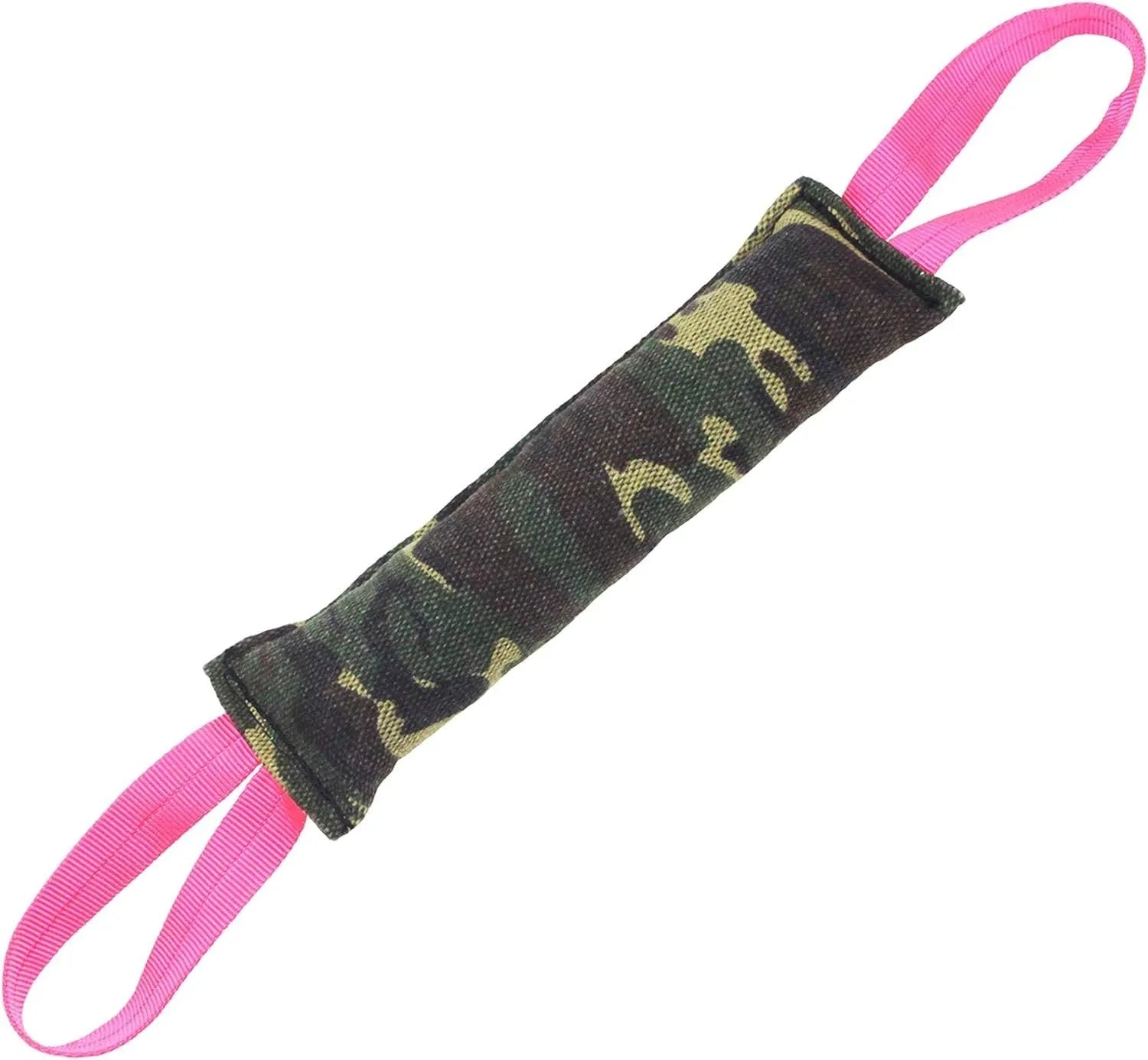 Beige and pink jute dog tug toy with two handles, measuring 30cm long.