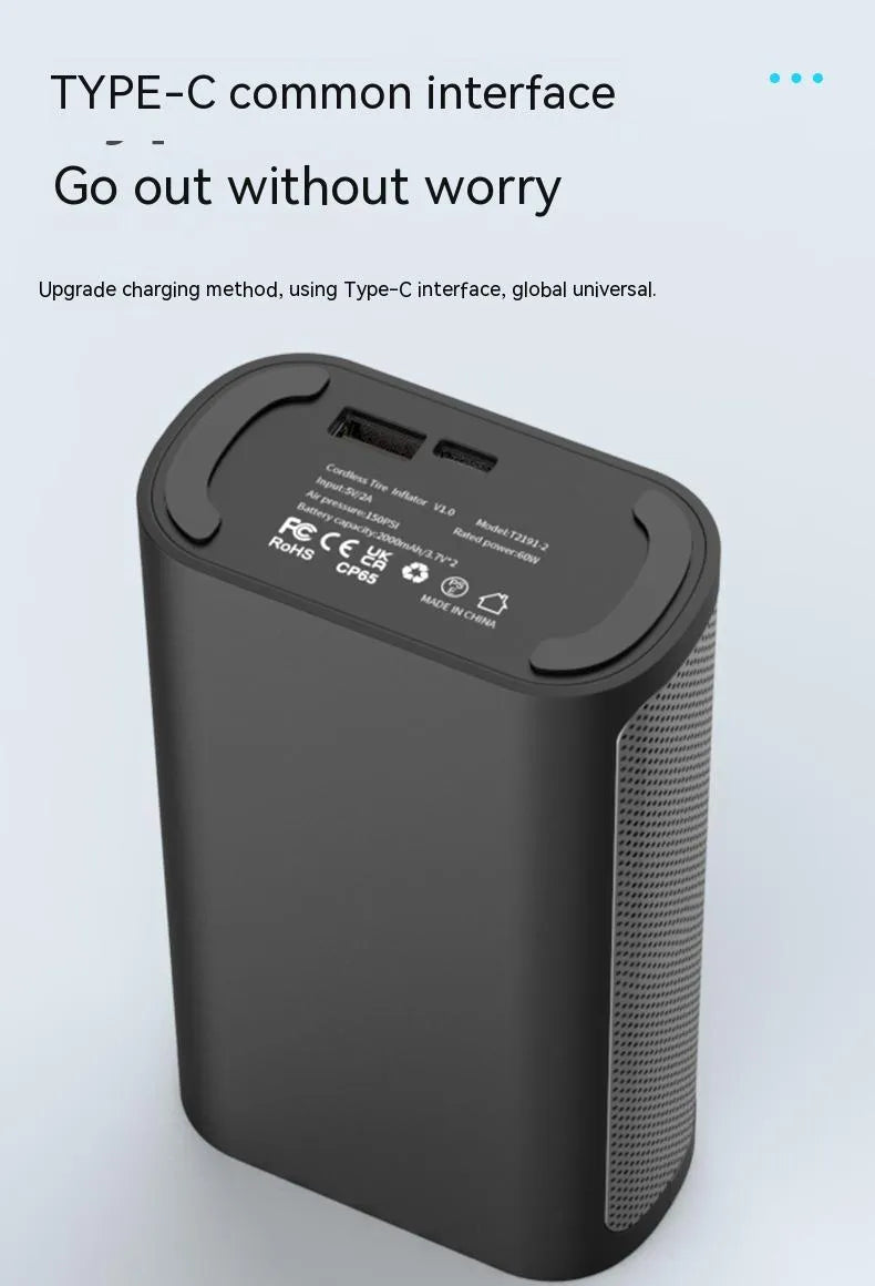 Wireless digital display handheld air pump with LED light, digital screen, and assorted inflation nozzles.
