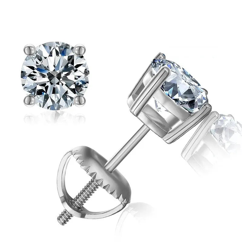 Silver screw-back moissanite stud earrings with geometric design and four-claw stone settings