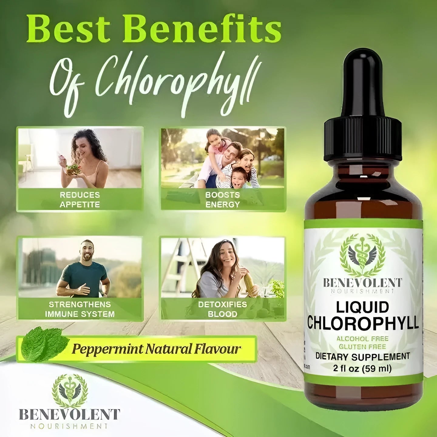 60ml bottle of natural liquid chlorophyll drops with dropper for body odor and intestinal care