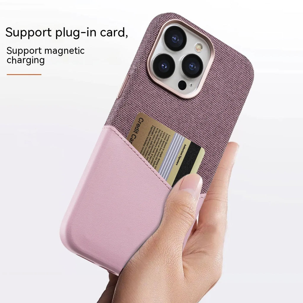 Leather magnetic card phone case for iPhone 12-15 Pro Max in black, brown, pink, orange with card slot.