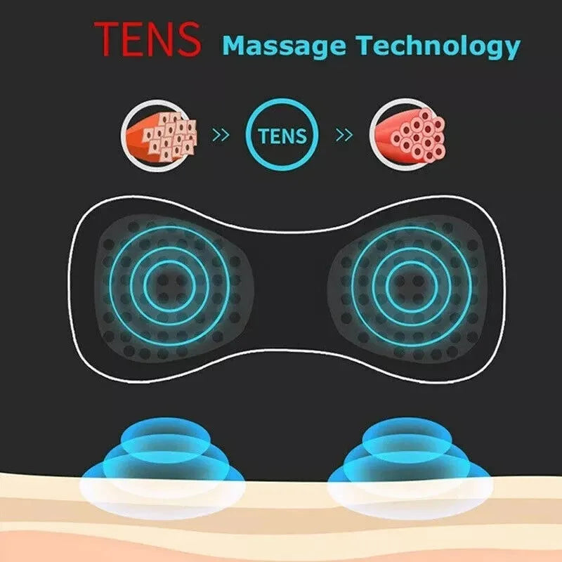Black mini electric shoulder and neck massager with massage patch next to its 15cm long packaging.