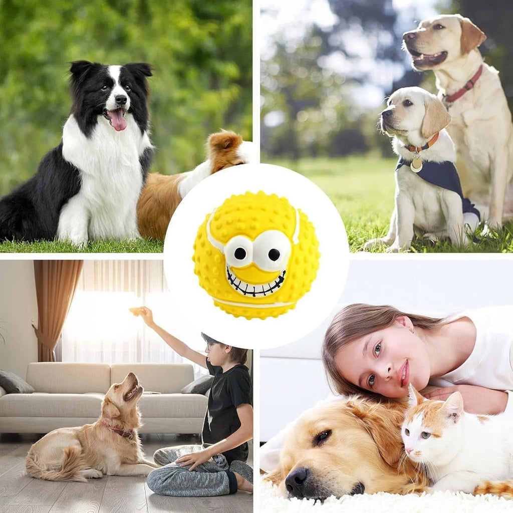 Green, orange, and yellow latex dog balls with smile faces, suitable for small to medium dogs