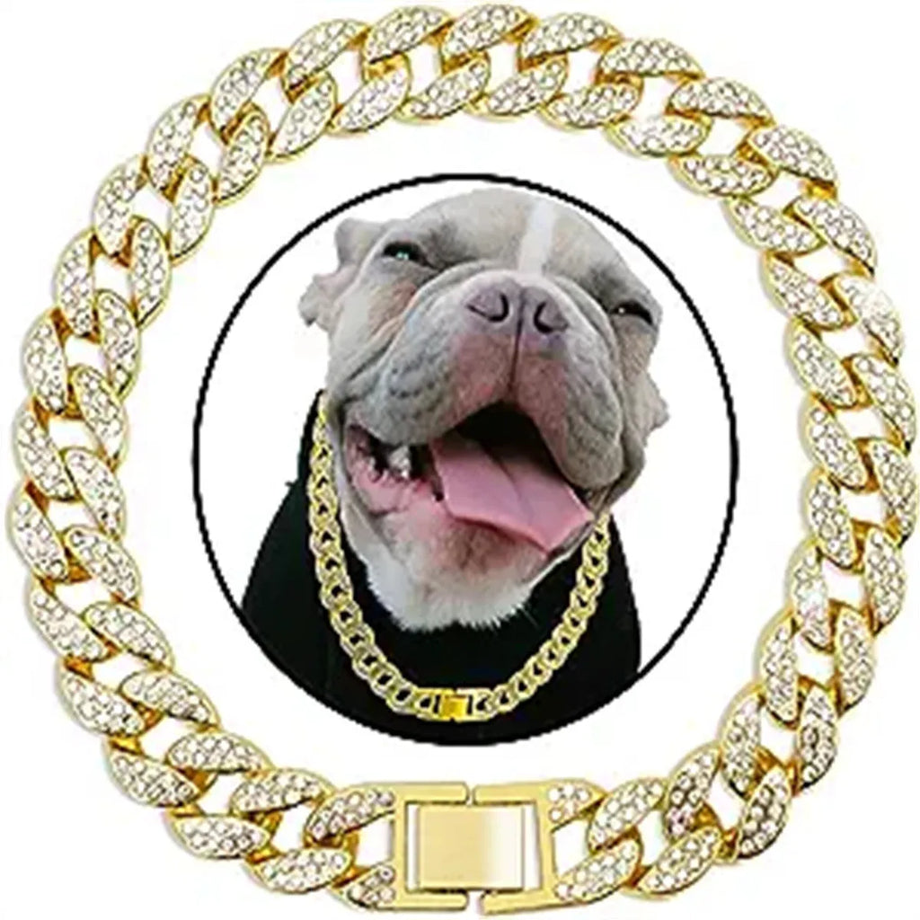 Pet dog collar necklace with diamond-style detailing, Cuban link chain, gold or silver, 20cm to 70cm