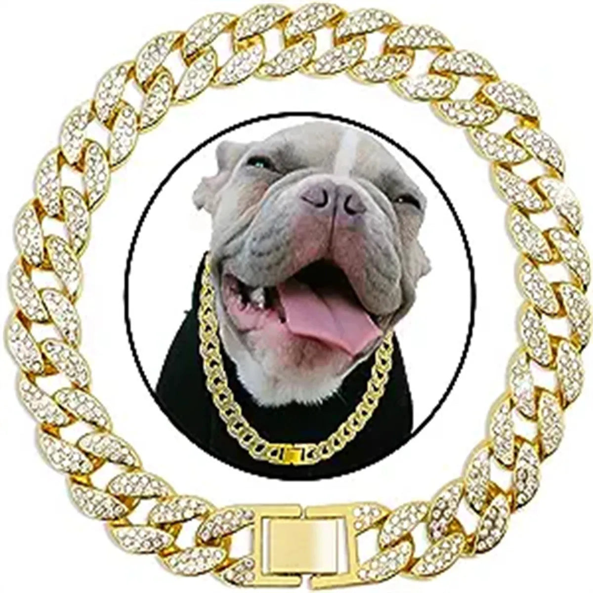 Pet dog collar necklace with diamond-style detailing, Cuban link chain, gold or silver, 20cm to 70cm