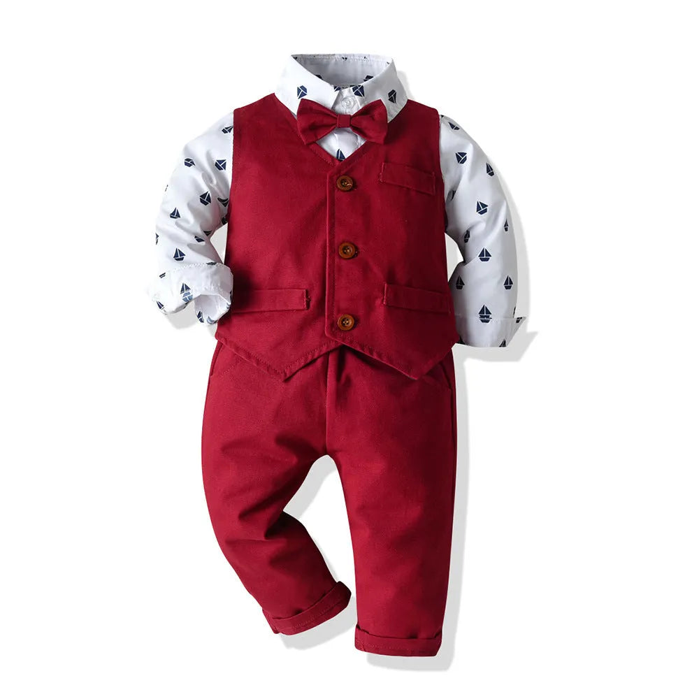 Boys children's long-sleeved shirt vest and pants suit in red cotton single-breasted design