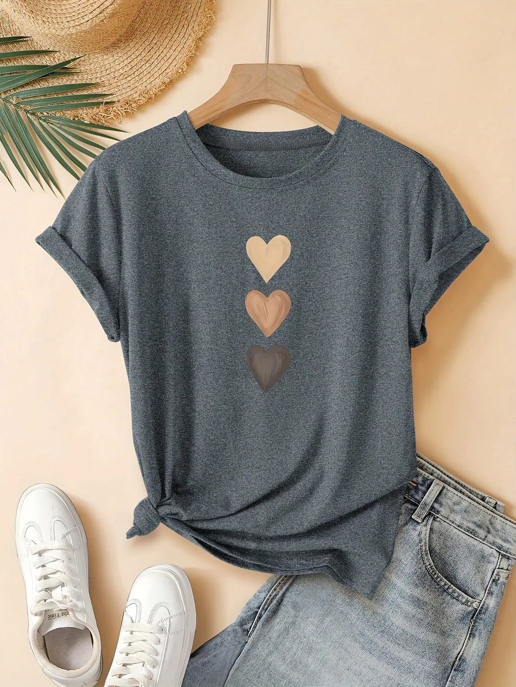 Women's pure cotton short sleeve T-shirt with retro art print in blue.
