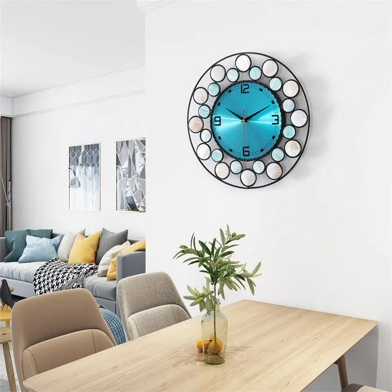 39cm round metal wall clock with real shell detail, silent sweep movement, Nordic minimalist design