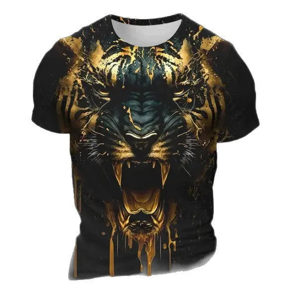 Men's 3D tiger pattern short sleeve polyester T-shirt on mannequin showing digital printing detail