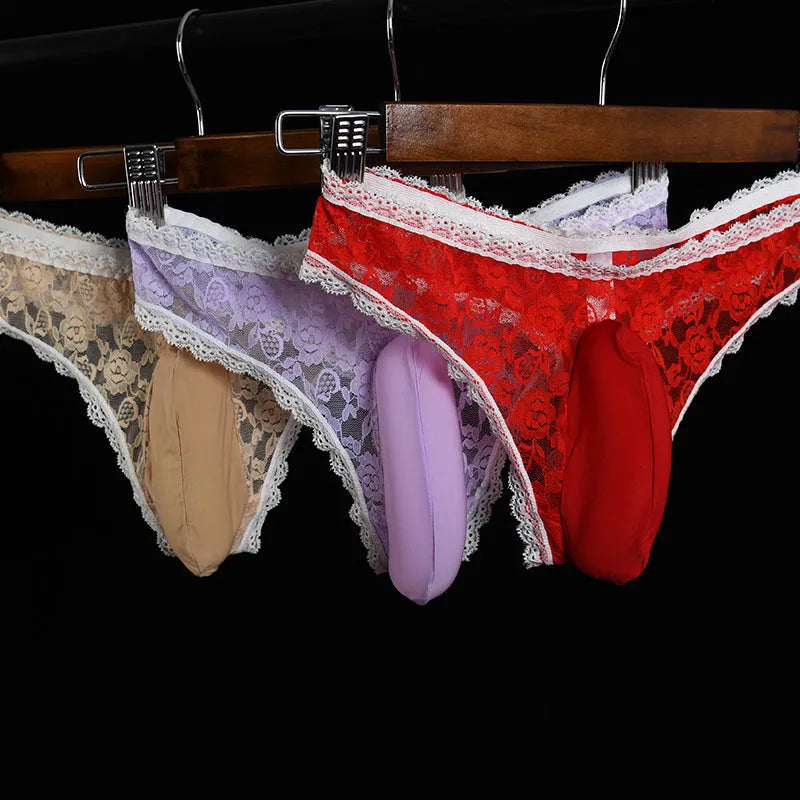 Men's low waist lace underwear briefs showing the vertical front pocket design in black.