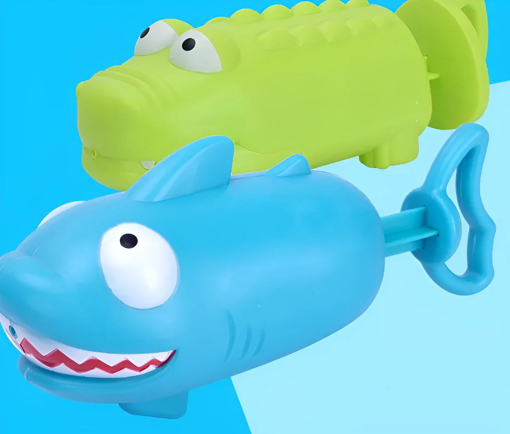 Children's plastic dinosaur water gun bath toy in blue, green, orange, pink, or sky blue, supplied in an OPP bag.