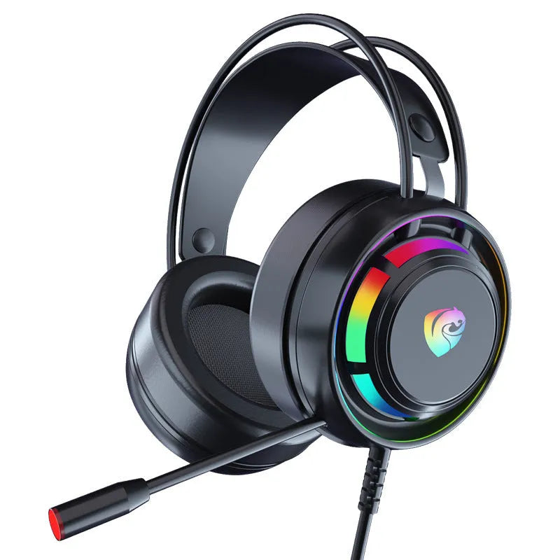 Black wired gaming headset with microphone, over-ear design with sponge ear muffs.