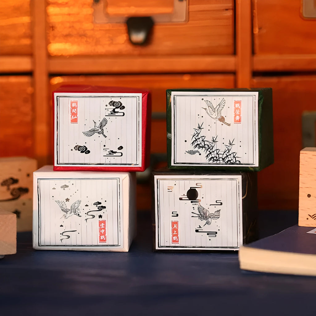 Mr. Paper wooden seal set, Huahegui series, with crane design on wood and rubber stamp for DIY printing