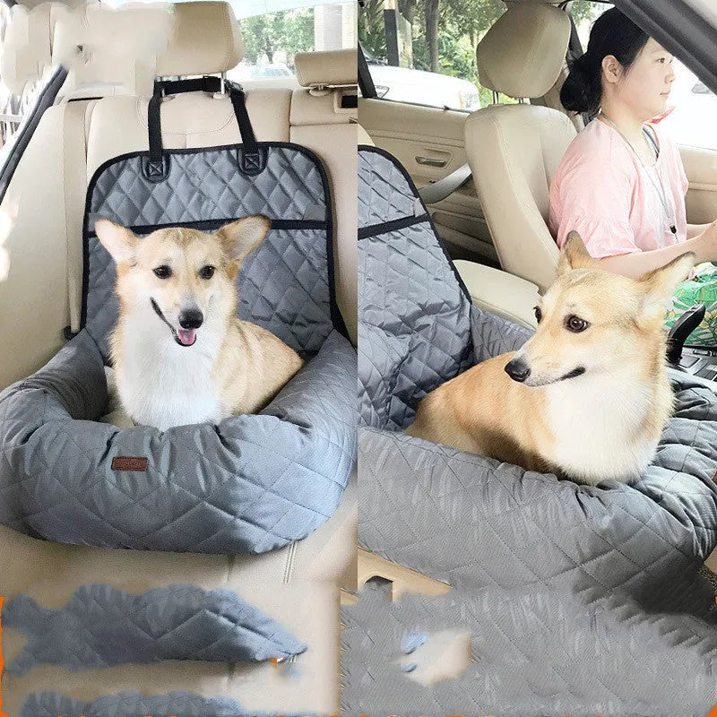 Multifunctional pet car mat and nest made of waterproof non-slip Oxford cloth for dogs, shown in beige, black, and gray options