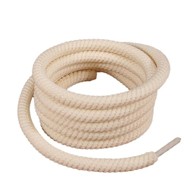 Round woven shoelaces with 10mm diameter in white, beige, and black colours for bread shoes