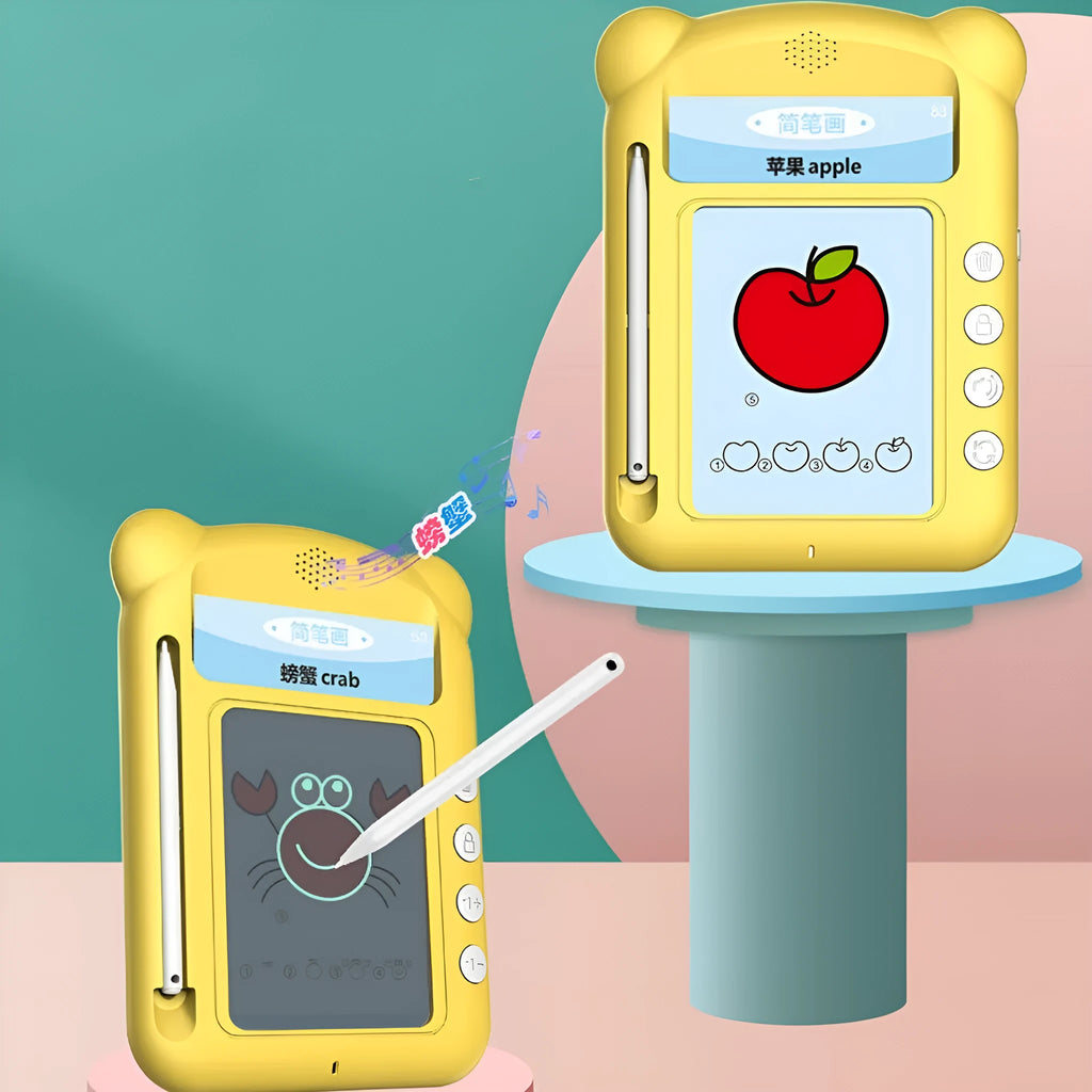 Yellow creative stick figure early education learning machine with bilingual cards on table