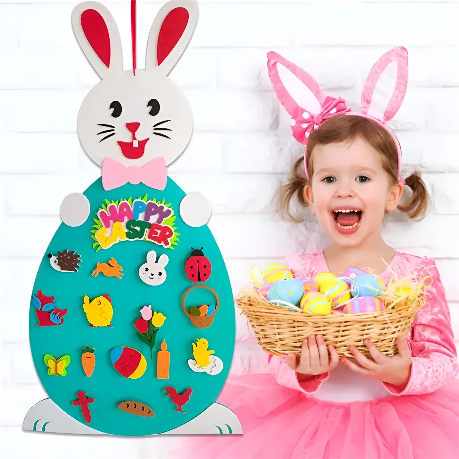 Easter DIY felt bunny pendant with detachable egg patches and letters on a light pink background