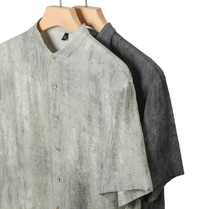 Men's loose fit linen blend stand collar cardigan in black grey