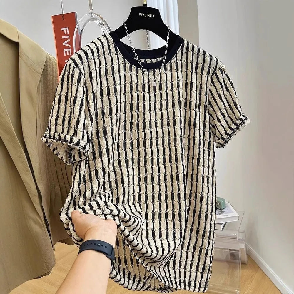 Black striped men's loose linen silk blend short sleeve pullover shirt casual summer wear
