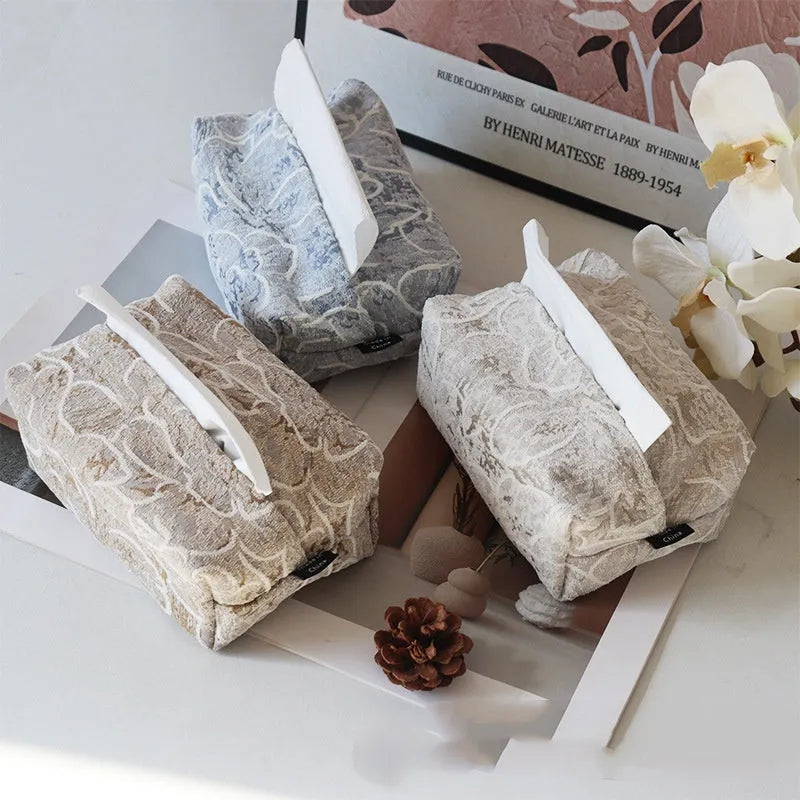 Pastoral style cotton fabric tissue box cover with rose detail in beige, blue, and brown.
