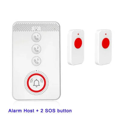 White elderly emergency alert device showing a buzzer base unit and three small wireless panic buttons.