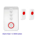 White elderly emergency alert device showing a buzzer base unit and three small wireless panic buttons.