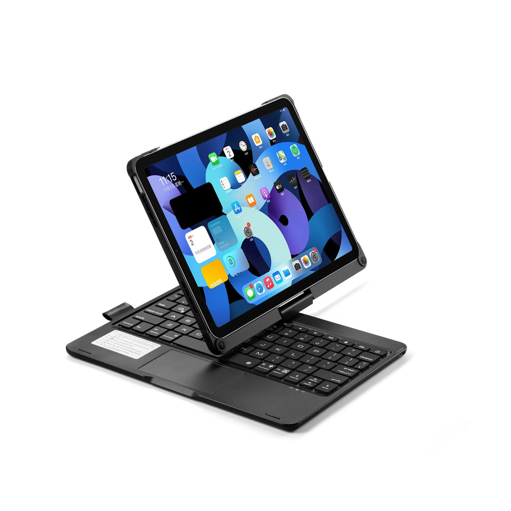 Black 360-degree rotating Bluetooth keyboard with backlit keys next to an iPad tablet.