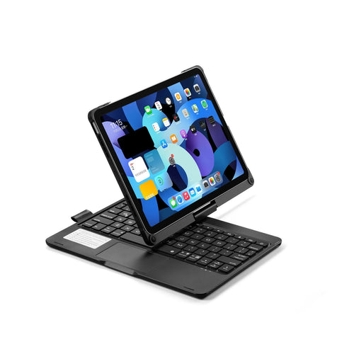 Black 360-degree rotating Bluetooth keyboard with backlit keys next to an iPad tablet.