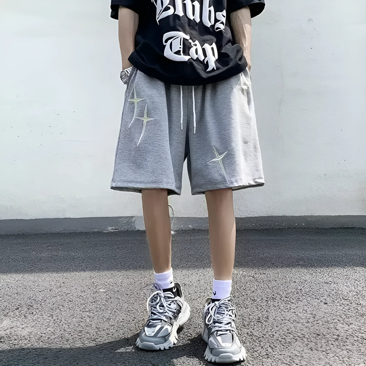 Men's cotton embroidered track shorts in grey, black or beige, mid waist, sizes M-XXL, casual leisure shorts