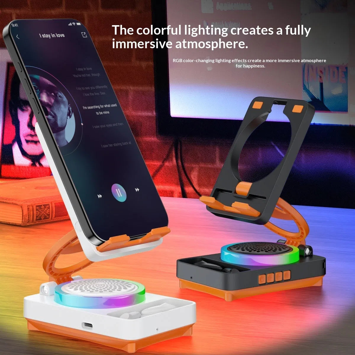TF27BOX multifunctional mobile phone holder in black with built-in speaker on desk