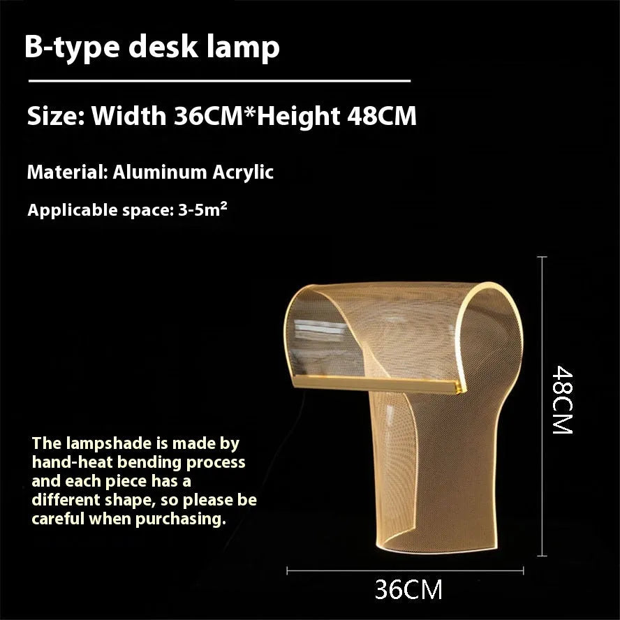 Irregular acrylic ribbon table lamp with warm light on a living room side table