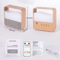 Wood grain geometric stereo alarm clock night lamp with remote control on a bedside table
