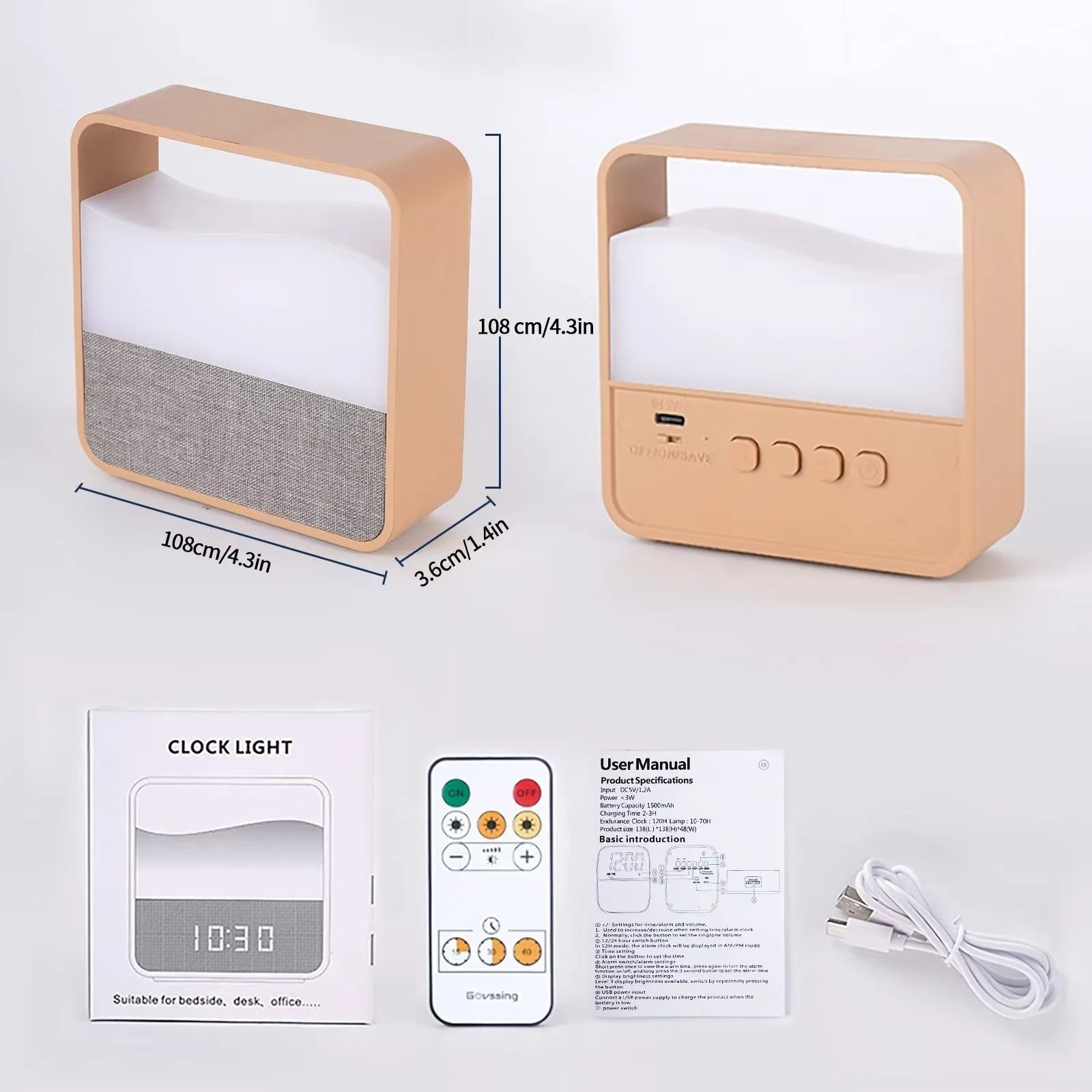Wood grain geometric stereo alarm clock night lamp with remote control on a bedside table
