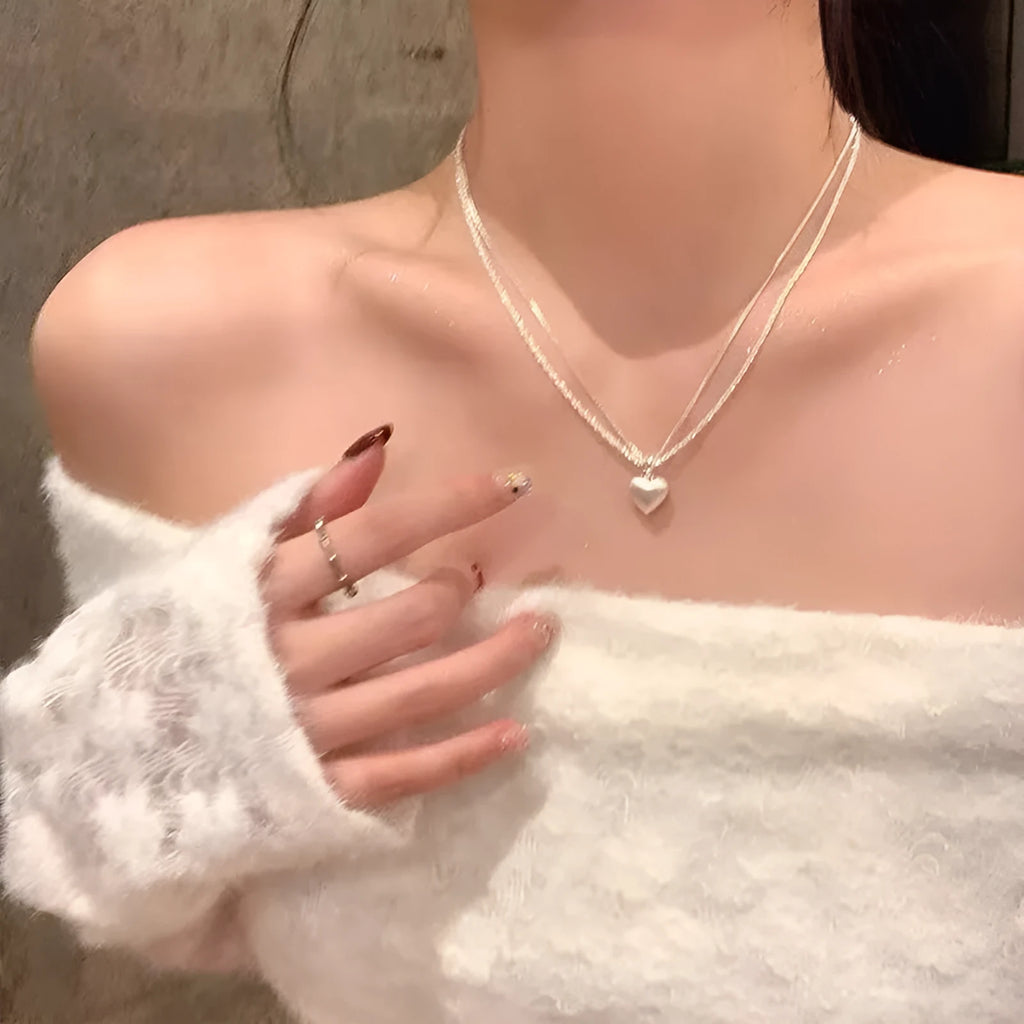 Double layer brushed heart pendant necklace in white copper plated thick silver with adjustable 41-50cm chain