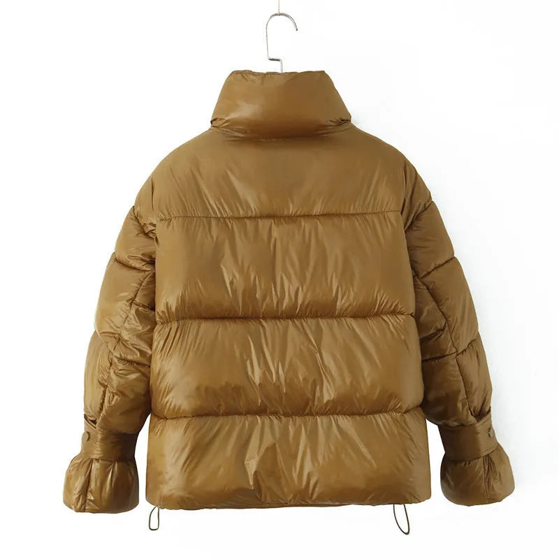 Women's gold puffer coat with stand-up collar, double zipper, long sleeves and straight fit, sizes S to L