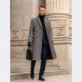 Grey checked 100% wool double breasted overcoat with suit collar and horn clasp, front view on mannequin